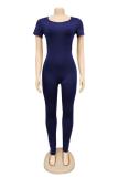 Royal blue Fashion Sexy Solid Patchwork Short Sleeve O Neck Jumpsuits