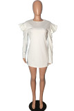 White O Neck Long Sleeve Draped Solid Patchwork Long Sleeve Tops