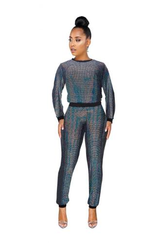 Silver adult Sexy Fashion Sequin Two Piece Suits Geometric pencil Long Sleeve Two-piece Pants Se