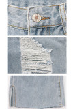 Calças retas jeans azul claro com botão sem mangas e buraco alto de retalhos simples calças retas