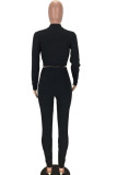 Black Sexy Patchwork HOLLOWED OUT Solid Two Piece Suits pencil Long Sleeve Two-piece Pants Set