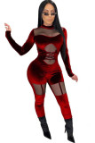 Roter sexy Patchwork-Overall mit langen Ärmeln und O-Ausschnitt