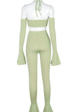 Green Casual Solid Patchwork Backless Spaghetti Strap Long Sleeve Two Pieces