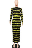 Yellow Fashion Street Adult Milk Fiber Patchwork Print Patchwork O Neck Long Sleeve Ankle Length One-piece Suits Dresses
