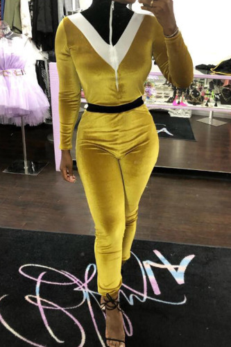Gelbe sexy solide Patchwork-Jumpsuits mit langen Ärmeln und O-Ausschnitt