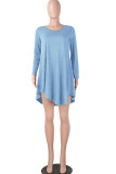 Light Blue Sexy Cap Sleeve Long Sleeves V Neck Swagger Knee-Length Patchwork Solid 