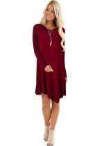 Wine Red Cotton Sexy Cap Sleeve Long Sleeves V Neck Swagger Knee-Length Patchwork Solid 