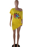 Желтый сексуальный модный взрослый с короткими рукавами и короткими рукавами с круглым вырезом трапециевидной формы мини-глаз с лоскутным принтом Club D