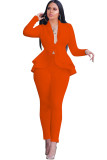 Orange Casual Two Piece Suits Patchwork ruffle Solid pencil Long Sleeve