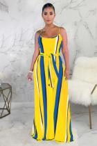 Yellow Fashion Sexy Spaghetti Strap Sleeveless Slip A-Line Floor-Length Print asymmetrical Stripe