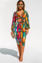 Mehrfarbiger zweiteiliger Street-Fashion-Anzug für Erwachsene, bedruckter Tie-Dye-gestreifter Hüftrock, langärmeliger Zweiteiler