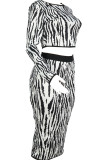 Trajes de dos piezas sexy en blanco y negro Falda de cadera a rayas de patchwork Vestido de dos piezas de manga larga