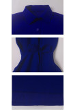 Tops de manga comprida em chiffon azul com gola redonda e manga comprida sólida