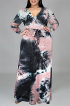 Черно-розовое модное повседневное платье с принтом тай-дай и V-образным вырезом с длинным рукавом размера плюс