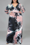 Yellow Blue Fashion Casual Print Tie-dye V Neck Long Sleeve Plus Size Dress