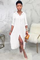 White Fashion Cap Sleeve Long Sleeves Cardigan Turndown Collar Swagger Mid-Calf Solid fastener s
