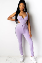 Costume deux pièces en tricot violet, Sexy, actif, solide, Patchwork, droit, sans manches, ensemble pantalon deux pièces