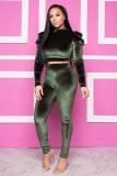Green adult Casual Fashion Two Piece Suits Solid Patchwork pencil Long Sleeve Two-piece Pants S