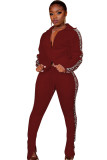 Set di pantaloni a due pezzi casual a maniche lunghe larghi patchwork rosso vino