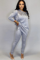 Grey Spandex Casual Solid Embroidery Two Piece Suits pencil Long Sleeve Two-piece Pants Set