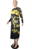 Svart gul Spandex Air Layer Tyg Bokstavstryck Bokstav Basic O Neck Långärmad Raka klänningar med mitten av vaden