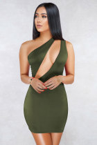 Army Green Fashion Sexy Off The Shoulder Sleeveless one shoulder collar Slim Dress skirt hollow out ruffle back