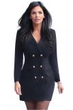 Black Fashion adult Casual Cap Sleeve Long Sleeves Notched Step Skirt Mini fastener Pocket Patch