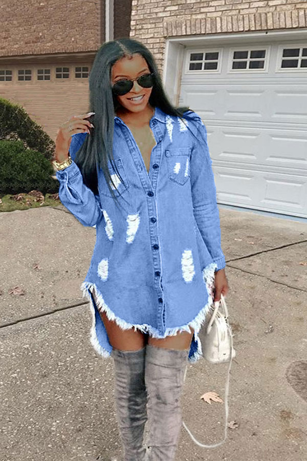 

Blue Fashion Sexy Long Sleeves Mandarin Collar Asymmetrical skirt