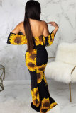 Yellow Fashion Sexy Off The Shoulder Short Sleeves Wrapped chest Step Skirt Floor-Length Patchwor