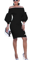 Schwarz Mode Schulterfrei Laternenärmel 3/4-Ärmel Ein Wortkragen Schlankes Kleid Knielang So