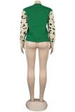 Green O Neck Long Sleeve Animal Prints Solid Patchwork