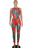 Red Fashion Ma'am adult Sexy Two Piece Suits Print Patchwork pencil Sleeveless Two-piece Pant