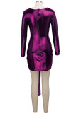 Фиолетовый сексуальный модный короткий рукав с длинными рукавами, V-образным вырезом, асимметричный, мини, однотонный, в стиле пэчворк, асимметричный