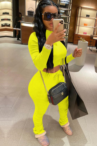 Yellow knit Sexy Fashion Patchwork Two Piece Suits Solid Straight Long Sleeve 