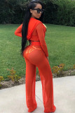 Orange Mode Sexig tvådelad kostym för vuxna Patchwork Solid rosett-knut perspektiv Mesh Rak Lång