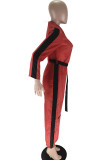 Rode casual patchwork jumpsuit met lange mouwen en omslagkraag