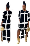 Black Fashion adult Sexy Cap Sleeve Half Sleeves O neck Swagger Ankle-Length Thigh Split Stripe Print Loose Maxi Dress
