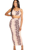 Pink Sexy Print Two Piece Suits serpentine Hip skirt Sleeveless Two-Piece Dress