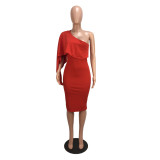 Red Sexy Off The Shoulder Sleeveless one shoulder collar Slim Dress Mid-Calf Club Dresses