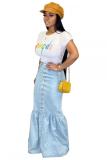 Blue Button Fly Sleeveless High Solid Patchwork Mermaid skirt Pants Skirts