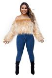 Yellow Artificial fur One word collar Long Sleeve Solid Long Sleeve Tops