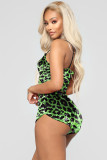 Зеленый модный сексуальный костюм для взрослых с открытой спиной в стиле пэчворк из двух предметов с леопардовым принтом, прямая футболка без рукавов