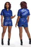 ブルー ファッション セクシー ソリッド ポケット パッチワーク ジッパー PU 半袖マンダリン カラー
