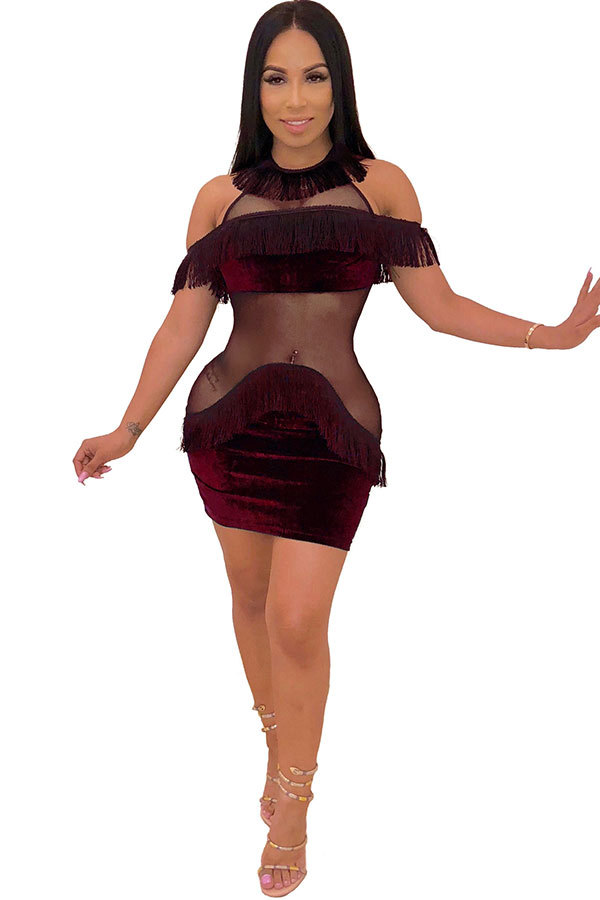 Wine Red Sexy Fashion Off The Shoulder Short Sleeves O neck Step Skirt Mini Sequin Mesh Patchwork backless ho