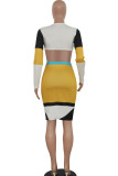 Yellow venetian Casual contrast color Geometric Two Piece Suits Patchwork pencil Long Sleeve Two-Piece Dre
