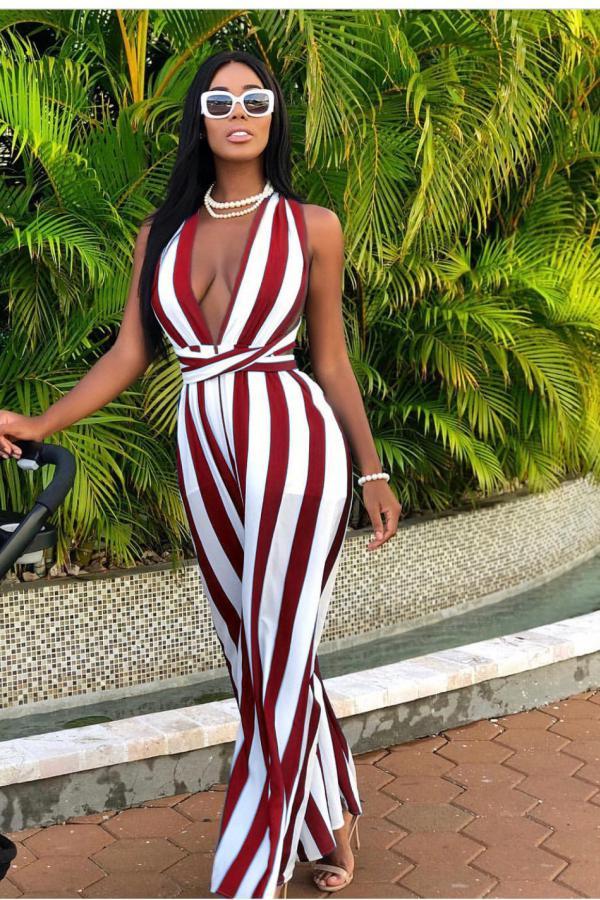Wine Red Sexy Fashion zipper Striped Print Patchwork Sleeveless V Neck Jumpsuits