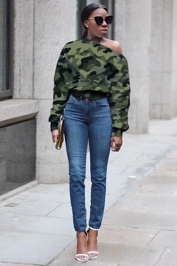 Green One Shoulder Collar Long Sleeve asymmetrical Print Camouflage Long Sleeve Tops