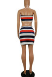 Multi-color Fashion Sexy Off The Shoulder Sleeveless Wrapped chest Step Skirt Mini Striped Two Piece Dresses