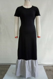 Черное сексуальное модное платье принцессы с короткими рукавами и круглым вырезом длиной до пола, однотонное лоскутное S