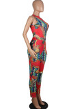Red Fashion Ma'am adult Sexy Two Piece Suits Print Patchwork pencil Sleeveless Two-piece Pant